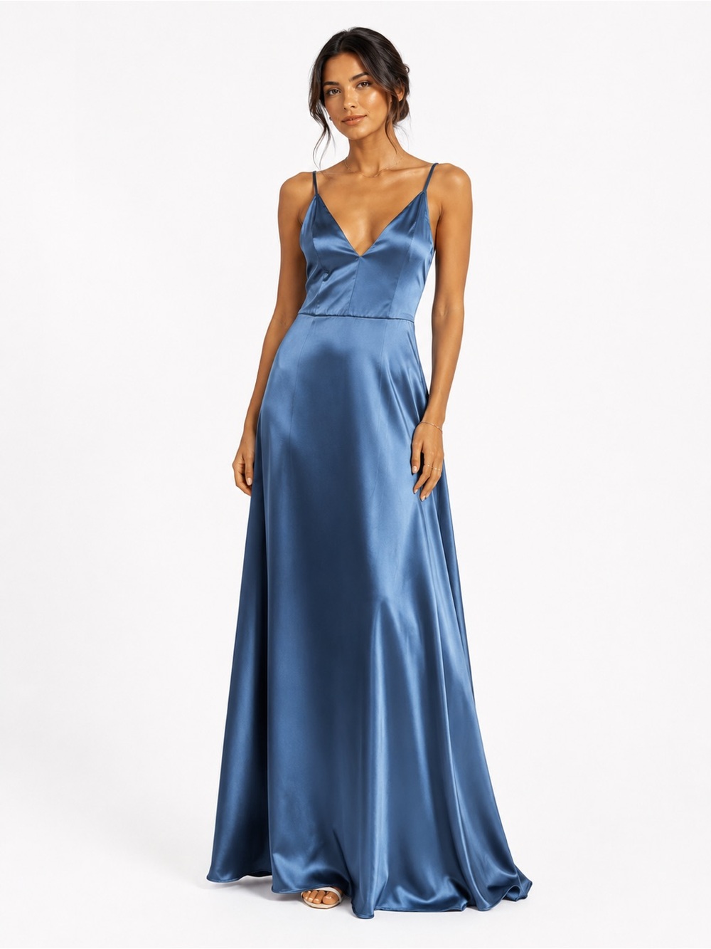 Dusty Blue Satin Spaghetti Strap Maxi Dress